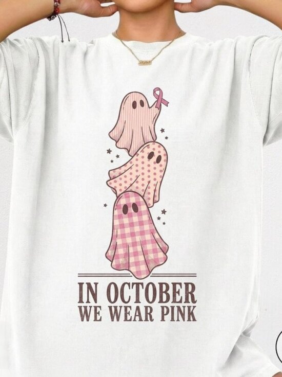 Tops - Cute Ghost Shirt, In October We Wear Pink Tee, Halloween Shirt Gift